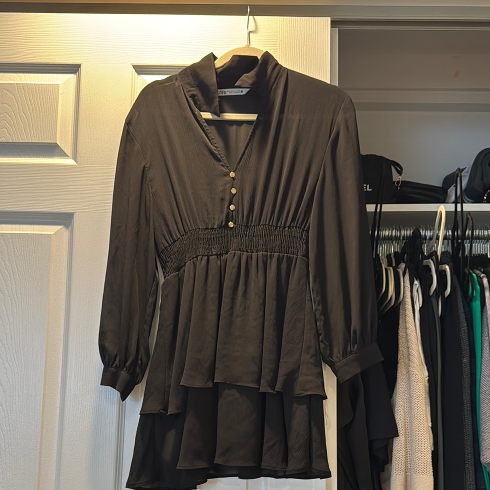 Zara Brown Mandarin Collar Blouse with Tiered Design